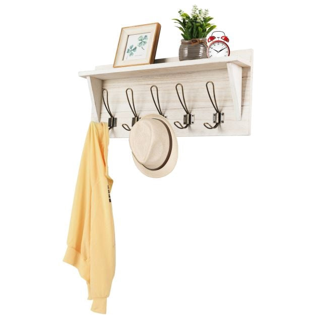 Wall-Mounted Coat Rack With Shelf, 5 Dual Hooks, White
