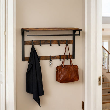 Wall-Mounted Coat Rack with 10 Hooks and Shelf