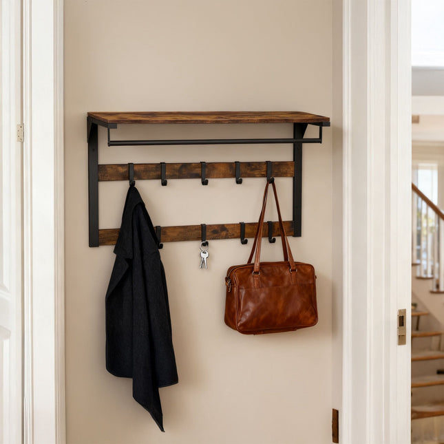 Wall-Mounted Coat Rack with 10 Hooks and Shelf