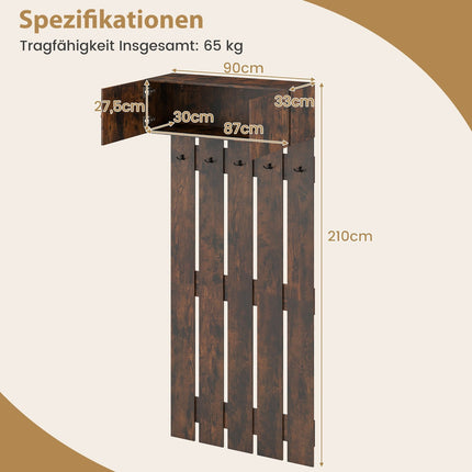 Wall-Mounted Coat Rack with 5 Hooks and 2-Door Cabinet