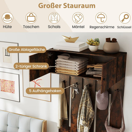 Wall-Mounted Coat Rack with 5 Hooks and 2-Door Cabinet