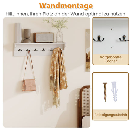 Wandgarderobe mit Ablage und 6 Haken, Weißes Holz