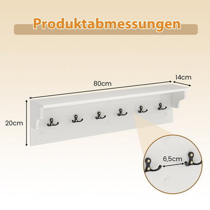 Wandgarderobe mit Ablage und 6 Haken, Weißes Holz