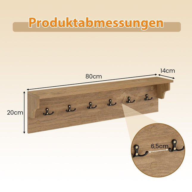 Wall-Mounted Coat Rack with Shelf & 6 Hooks, Wood