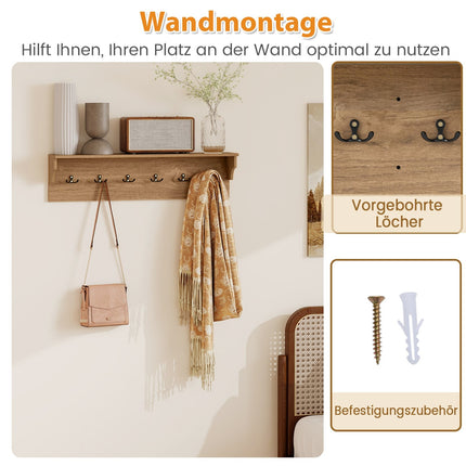 Wandgarderobe mit Ablage & 6 Haken, Holz
