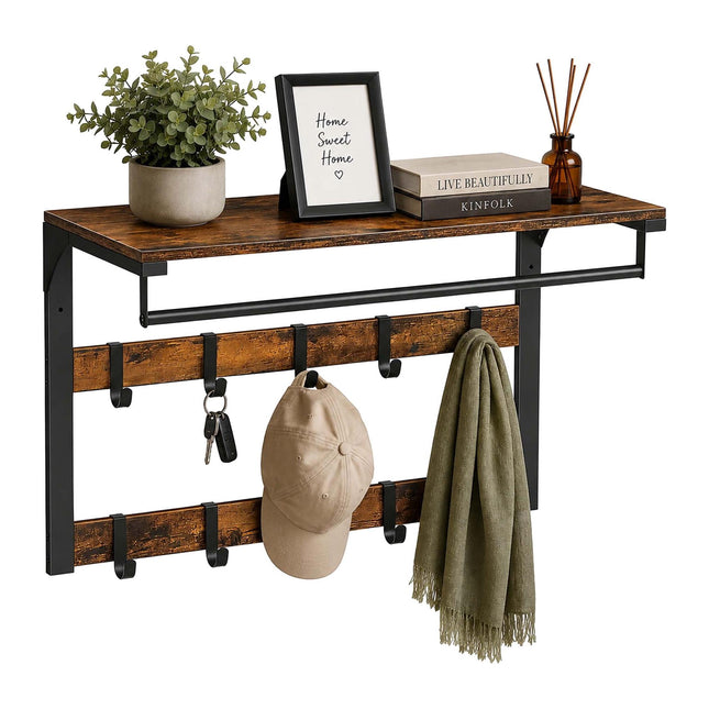Wall-Mounted Coat Rack with Shelf, Vintage Brown-Black, 65 cm