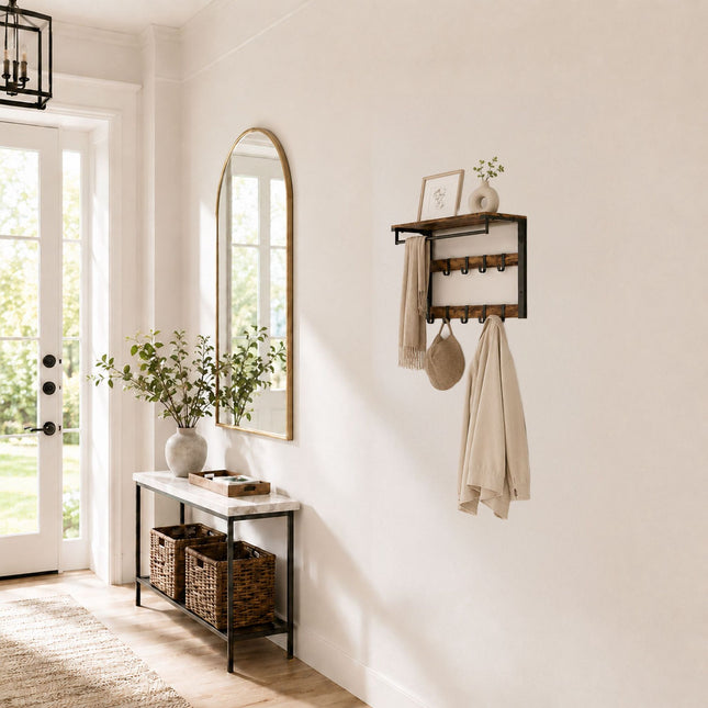 Wall-Mounted Coat Rack with Shelf, Vintage Brown-Black, 65 cm