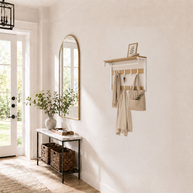 Wall-Mounted Coat Rack with Shelf, White Oak, 65 cm
