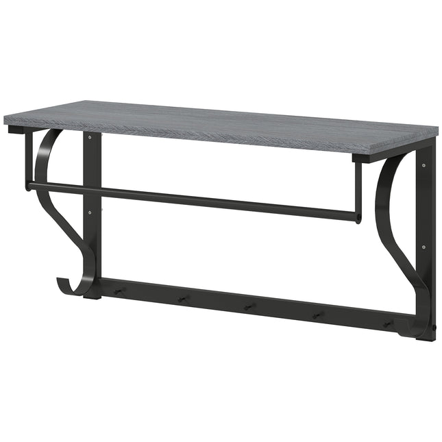 Wall-Mounted Coat Rack with Shelf and 5 Hooks, Gray
