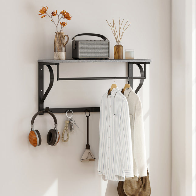 Wall-Mounted Coat Rack with Shelf and 5 Hooks, Gray