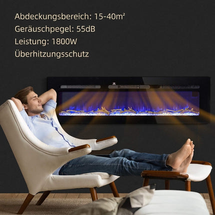 Wall-Mounted Electric Fireplace, 1800W, Remote Control