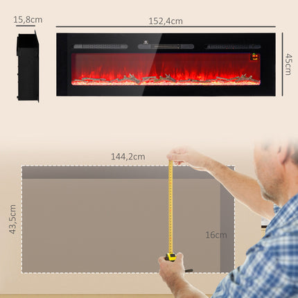 Wall-Mounted Electric Fireplace, 1800W, Remote Control