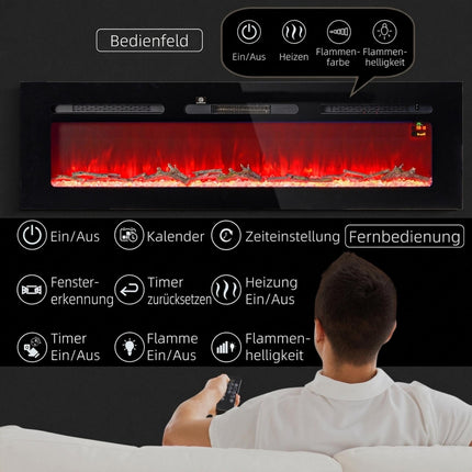 Wall-Mounted Electric Fireplace, 1800W, Remote Control