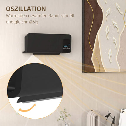 Wall-Mounted Electric Heater, Black, 2 Modes, Timer, LED Display