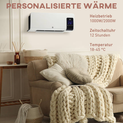 Wall-Mounted Electric Heater, Oscillation, Timer, White