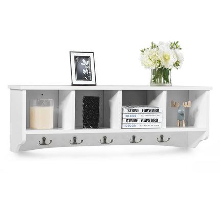 Wall-Mounted Entryway Cabinet with 4 Shelves & 5 Hooks, White