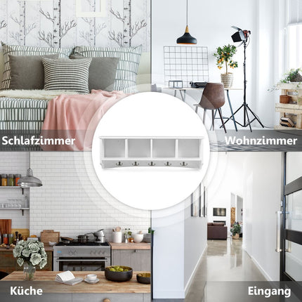 Wall-Mounted Entryway Cabinet with 4 Shelves & 5 Hooks, White