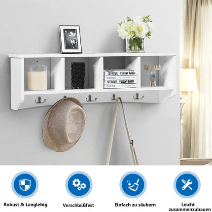 Wall-Mounted Entryway Cabinet with 4 Shelves & 5 Hooks, White