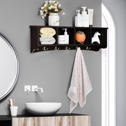 Wall-Mounted Entryway Coat Rack Cabinet, 4 Cubes, 5 Hooks