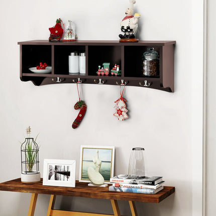 Wall-Mounted Entryway Coat Rack Cabinet, 4 Cubes, 5 Hooks