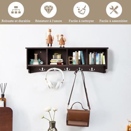 Wall-Mounted Entryway Coat Rack Cabinet, 4 Cubes, 5 Hooks