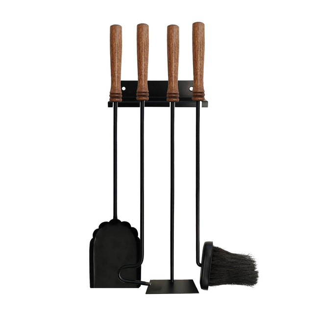 Wandmontiertes Kaminbesteck, Stahl & Holz, 5-teilig