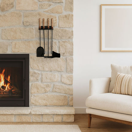 Wandmontiertes Kaminbesteck, Stahl & Holz, 5-teilig