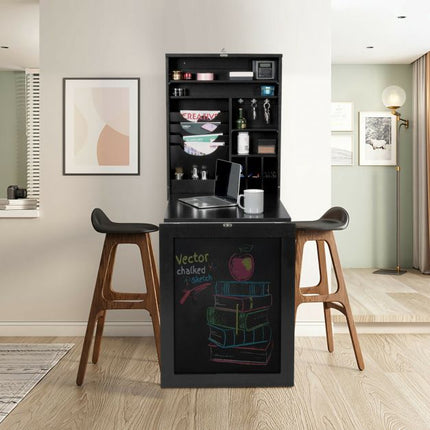 Wall-Mounted Folding Desk, Blackboard and Storage, Black