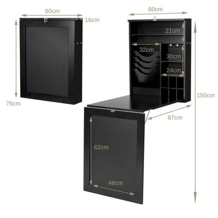 Wall-Mounted Folding Desk, Blackboard and Storage, Black