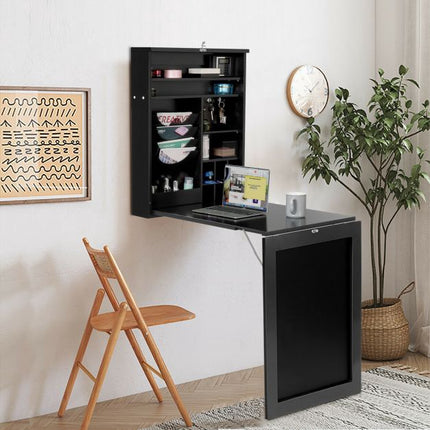 Wall-Mounted Folding Desk, Blackboard and Storage, Black