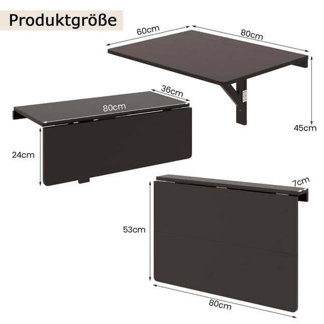 Wandklappschreibtisch, platzsparend, 80x60 cm, Braun