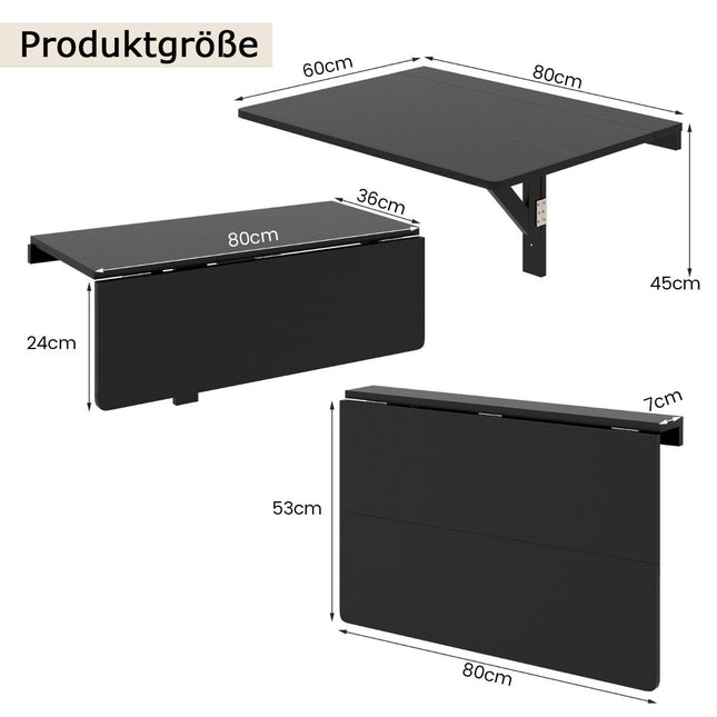 Wandklapptisch, platzsparend, Küchentisch, klappbarer Wandtisch, 80 x 60 cm, Schwarz