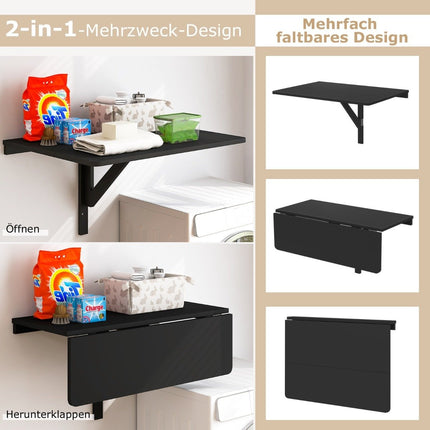 Wandklapptisch, platzsparend, Küchentisch, klappbarer Wandtisch, 80 x 60 cm, Schwarz