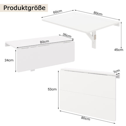 Wandklapptisch, platzsparender Küchentisch, klappbarer Wandtisch, 80 x 60 cm, Weiß
