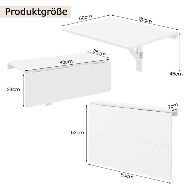Wandklapptisch, platzsparender Küchentisch, klappbarer Wandtisch, 80 x 60 cm, Weiß