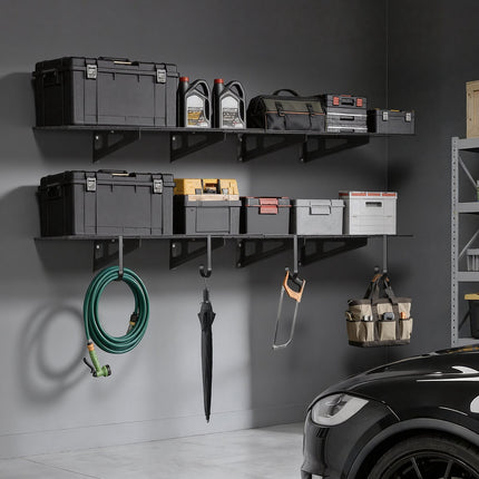 Wall-Mounted Garage Shelving, 2-Tier Steel, 1000 lb, Hooks