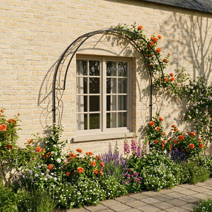 Wandmontiertes halbes Rosenbogen-Rankgitter, schwarzes Metall