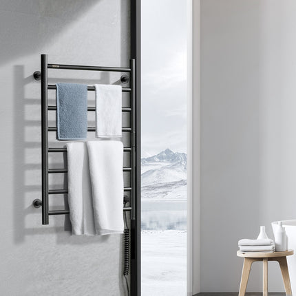 Wall-Mounted Heated Towel Rack, 8-Bar, Timer, Black
