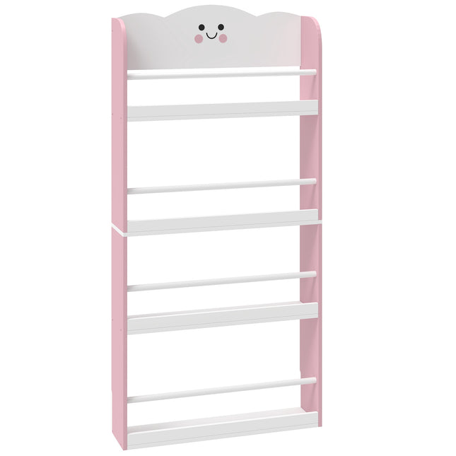 Wandmontiertes Kinderbücherregal, 4-stöckig, Rosa/Weiß