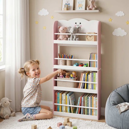 Wandmontiertes Kinderbücherregal, 4-stöckig, Rosa/Weiß