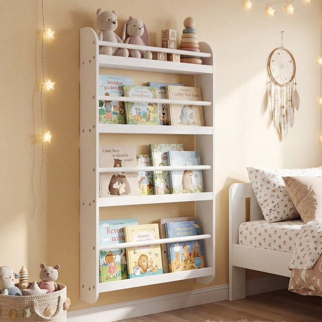 Wandmontiertes Kinderbücherregal, 4-stöckig, Weiß