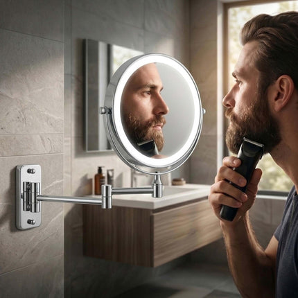 Wall-Mounted LED Cosmetic Mirror, 10x Magnification, Silver