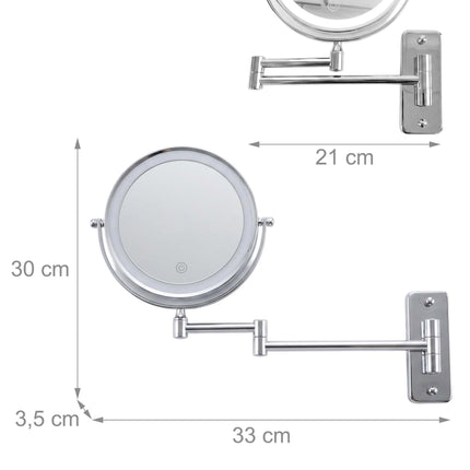 Wall-Mounted LED Cosmetic Mirror, 10x Magnification, Silver