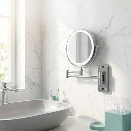 Wall-Mounted LED Cosmetic Mirror, 10x Magnification, Silver