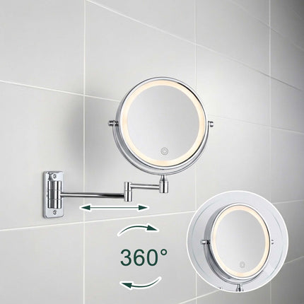 Wall-Mounted LED Cosmetic Mirror, 10x Magnification, Silver
