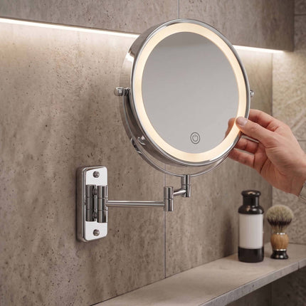 Wall-Mounted LED Cosmetic Mirror, 10x Magnification, Silver