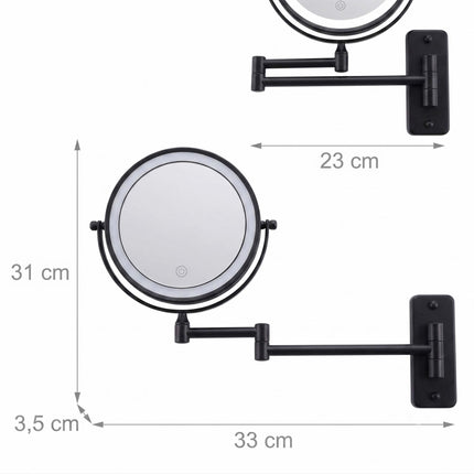 Wandmontierter LED-Kosmetikspiegel, 10-fache Vergrößerung, Schwarz