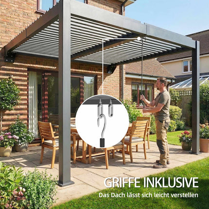 Wandanlehn-Lamellenpergola, 3x3m, verstellbares Metalldach