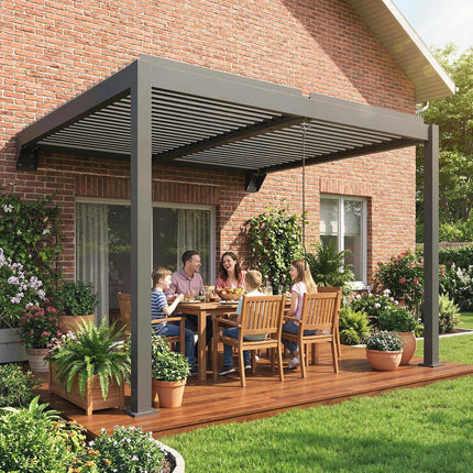 Wandanlehn-Lamellenpergola, 3x3m, verstellbares Metalldach