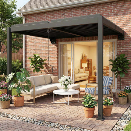 Wandanlehn-Lamellenpergola, 3x3m, verstellbares Metalldach